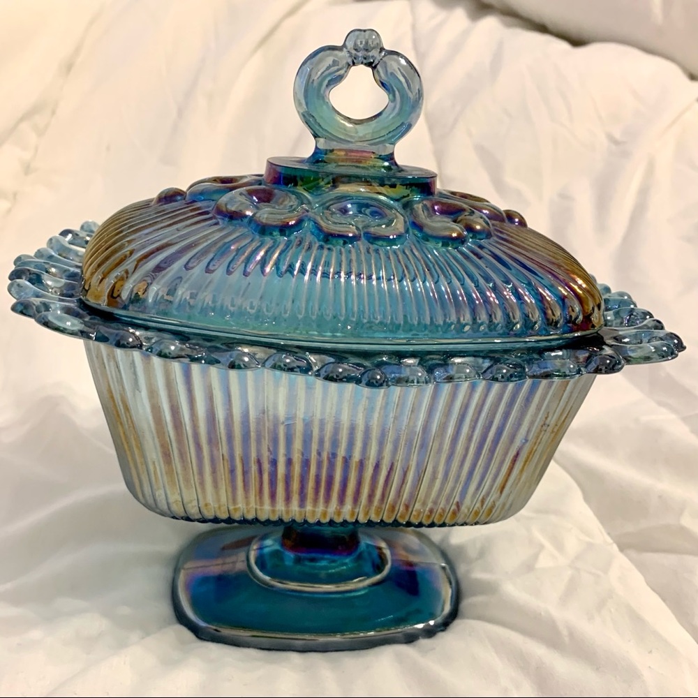 Carnival glass pedestal candy dish, light blue